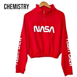 Chemistry NASA FLIGHT CREW CROPPED SWEATSHIRT Large 1/4 ZIP FRONT Red EUC